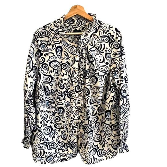 Talbots Paisley Ruffle Button Down Top Size 1X Boho Retro Coastal Preppy Resort - Picture 1 of 10
